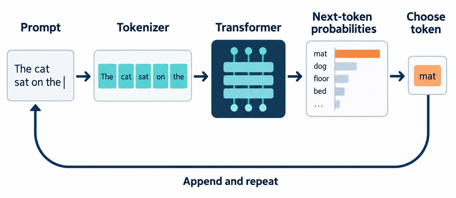 A language model predicts text one token at a time: prompt, tokenization, transformer, next-token probabilities, and a feedback loop that appends the chosen token