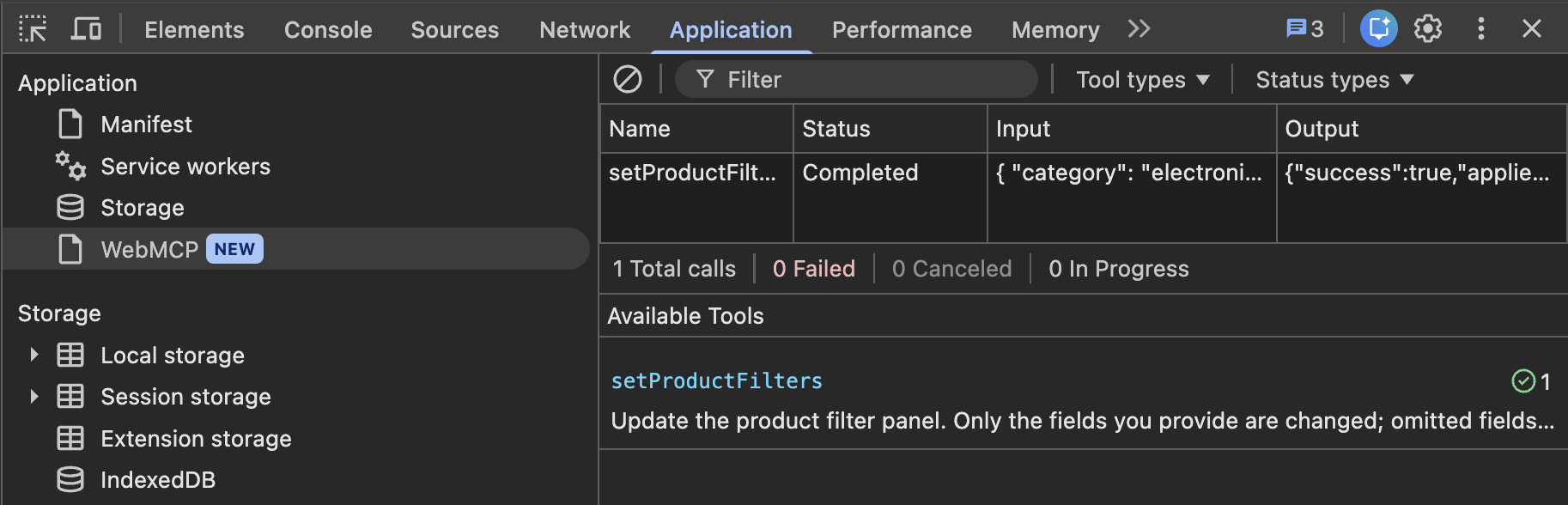 Chrome DevTools WebMCP panel showing the setProductFilters tool registered with one completed call, its input arguments, and the output returned by execute()